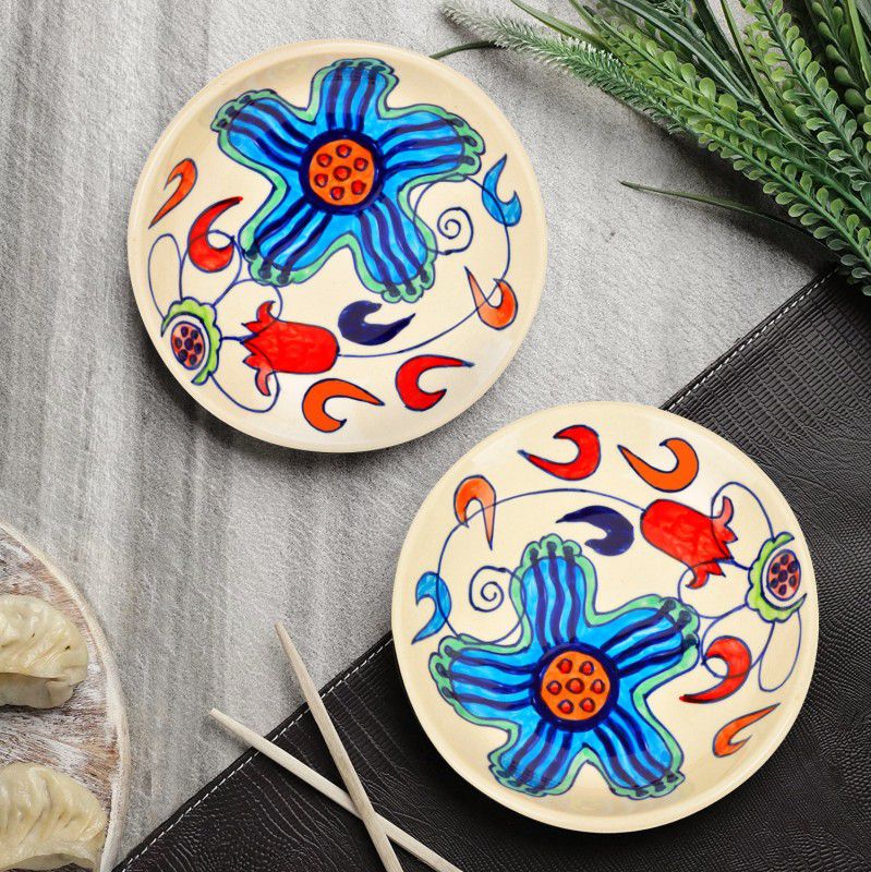 StyleMyWay Handpainted Ceramic Floral Round Pasta Serving Plates (8.5 inches) Dinner Plate  (Pack of 2, Microwave Safe)