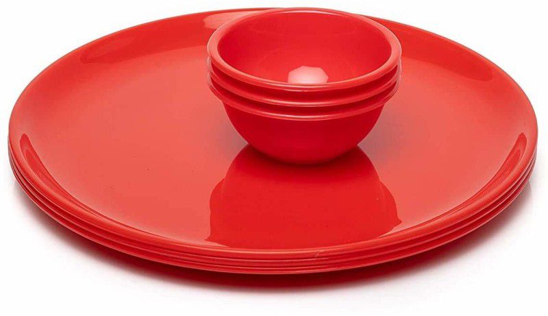 Plastic Microwave Safe Round Full Plates with Bowls (Red) - 3 Plate and 3 Bowls Dinner Set  (Microwave Safe)