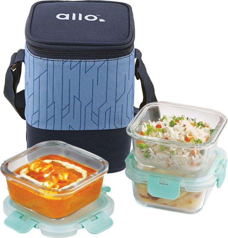 Allo Set of 3 Foodsafe Glass Lunch Box with Space Blue Tiffin Bag for Office 3 Containers Lunch Box  (310 ml, Thermoware)