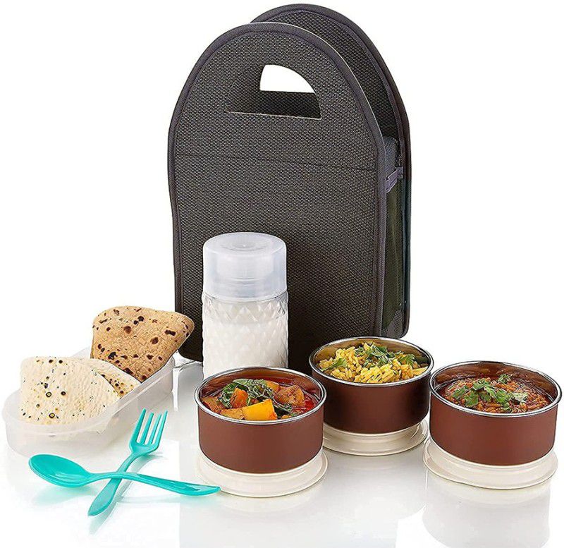 Tiles Palace Lunch Box with 3 AirTight Box, A Casserole, 2 Spoon with Plastic Bottle With Bag 3 Containers Lunch Box  (250 ml)