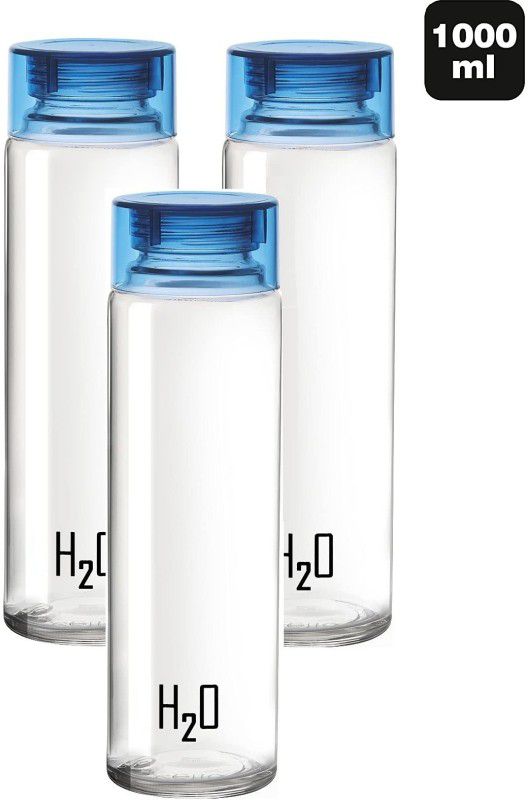 AK HUB H2O Sodalime Glass Fridge Water Bottle with Plastic Cap ( Set Of 3 - Blue ) 1000 ml Bottle  (Pack of 3, Clear, Glass)