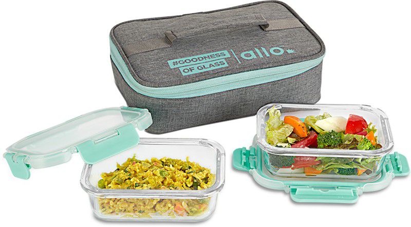 Allo Set of 2 Foodsafe Glass Lunch Box with Canvas Grey Tiffin Bag for Office 2 Containers Lunch Box  (370 ml, Thermoware)