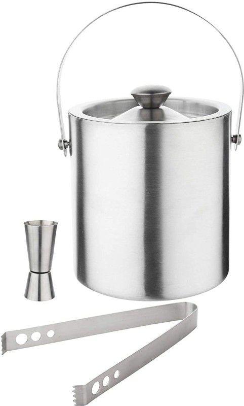 A-Dee 1.5 L Steel Kitchen Stainless Steel Double-Wall Insulated Ice Bucket 1.5 Liter with Lid, Ice Tong & Peg Measure 30/60 ml Keeps Ice Cold & Dry Ice Bucket  (Silver)