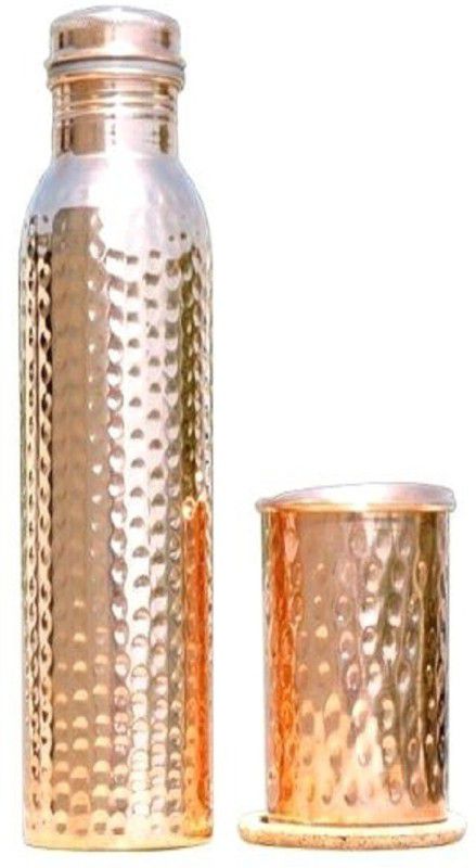 UNICOP Pure Copper 1 hammered bottle For Water with 1 copper glass Home Kitchne Gym 1000 ml Bottle  (Pack of 2, Copper, Copper)
