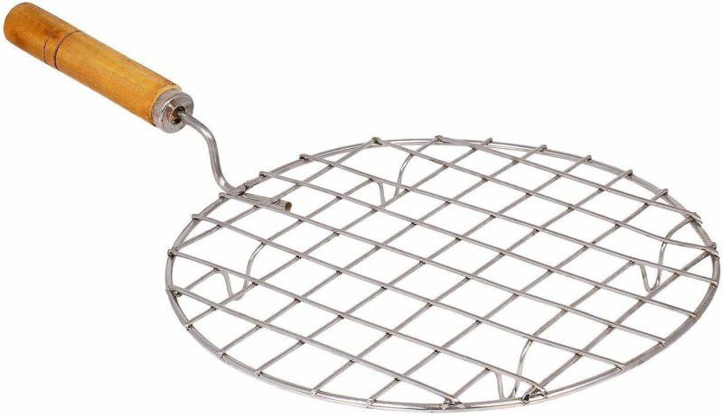 Gresspor Round Steel & Wooden Handle Papad Roaster Roti Jali Barbeque Grill For Chapati & Tandoor (Pack of 1) 0.5 kg Roaster  (Steel, Brown)