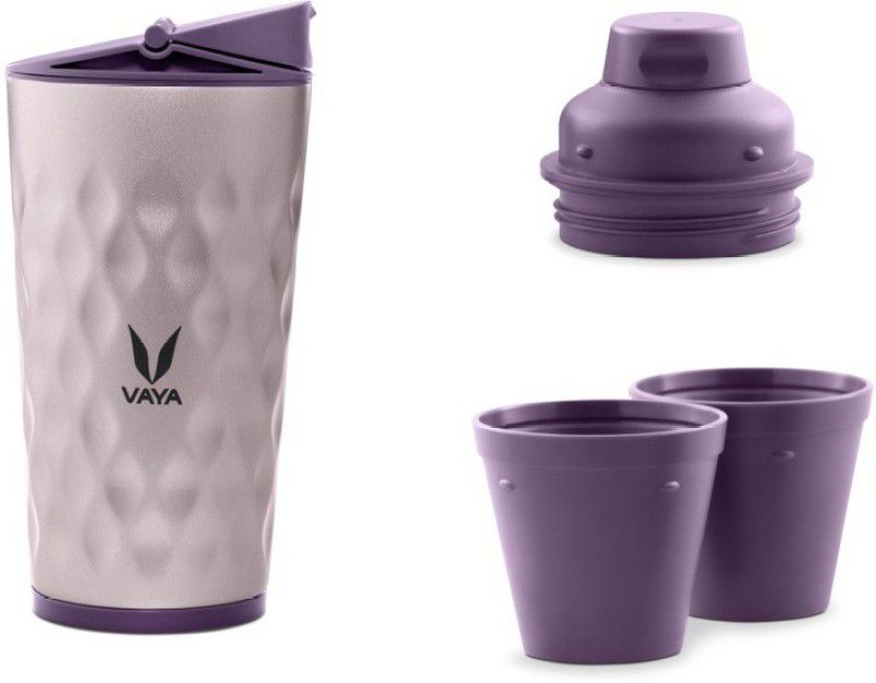 Vaya Drynk Purple Thermosteel Water Bottle with Sipper & Gulper Lids and 2 Cups - 350 ml Bottle  (Pack of 1, Purple, Steel)