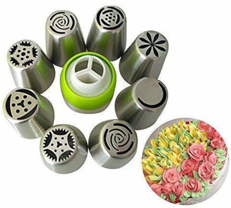 Breewell Stainless Steel Icing Nozzles with 1 Coupler for Decorating Cupcake Pastries Desserts Tarts Pie Steel Multi-opening Icing Nozzle  (Multicolor Pack of 9)