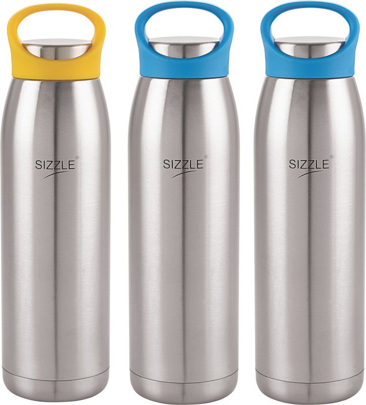 Sizzle Stainless Steel Leak Proof Water Bottle, Set of 3, 900 ML, Blue & Yellow 900 ml Bottle  (Pack of 3, Silver, Steel)