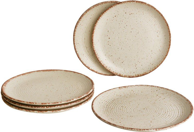 StyleMyWay Hand Glazed Dinner Serving Plates ( 10 inches , Set of 6 , Off White , Brown ) | Full Plates | Dinner Plate  (Pack of 6, Microwave Safe)