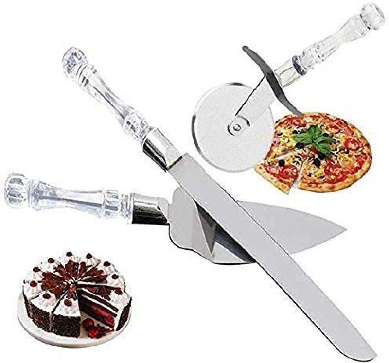 lockup Stainless Steel Cake Knife, Server Set and Pizza Cutter Steel Cake Server  (White, Pack of 3)