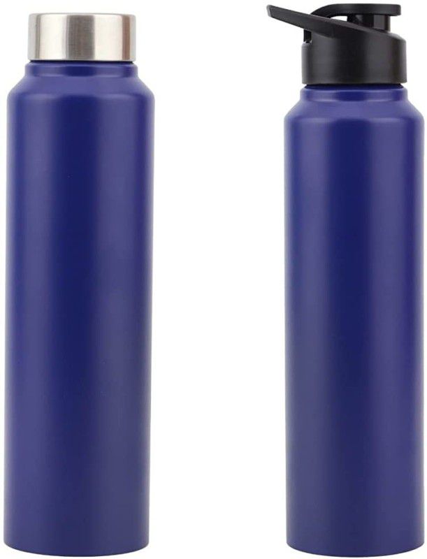 pooja care Steel Water Bottle Set of 2 Cap & Sipper Cap (Black) 750 ml Bottle  (Pack of 2, Blue, Steel)