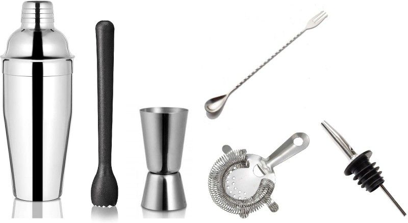 Dynore Dynore Stainless Steel 6 Pcs Multiutility Bar Set/ Bar Accessories- Fork Bar Spoon, Delux Cocktail Shaker 750 ml, Black PVC Muddler, Cocktail Strainer, Tall Peg Measure 30/60 ml, 1 Wine Pourer Set of 6 6 - Piece Bar Set  (Stainless Steel)
