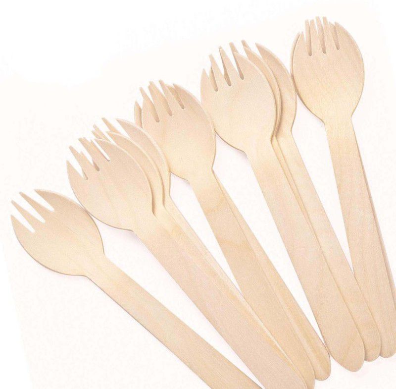 VINAYAKAMART Disposable Wooden Bamboo Forks and Spoons Disposable 2 in 1 Sporks size 13 cm length - pack of -50 Disposable Wooden Dinner Fork Set  (Pack of 50)