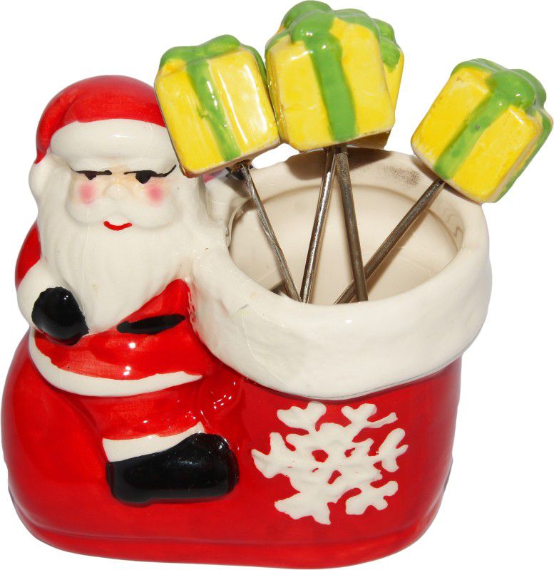 Jades Christmas Ceramic Crockery Set- Forks or Fruit Forks with Holder Ceramic Fruit Fork Set  (Pack of 5)