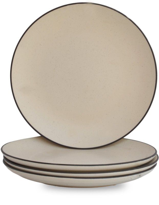 ST "REDEFINING SPACES" White Matte & Black Border Handcrafted Ceramic Dinner Plates Set (10 Inch Set-4) Dinner Plate  (Pack of 4, Microwave Safe)