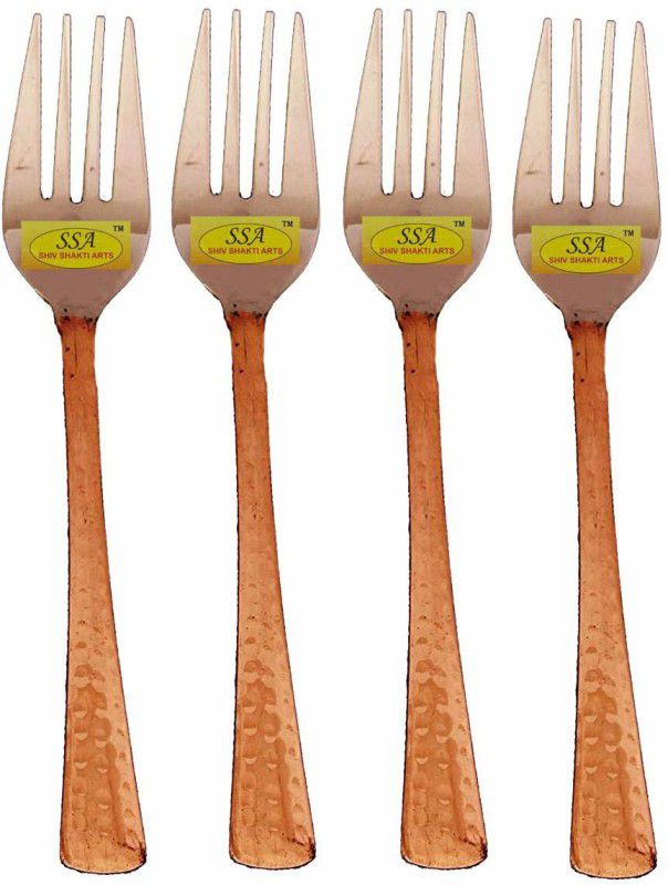 Shivshakti Arts Handmade Pure Steel Copper Fork Hammered Designed Homeware Hotelware::Set of 4 Copper Dessert Fork Set  (Pack of 4)