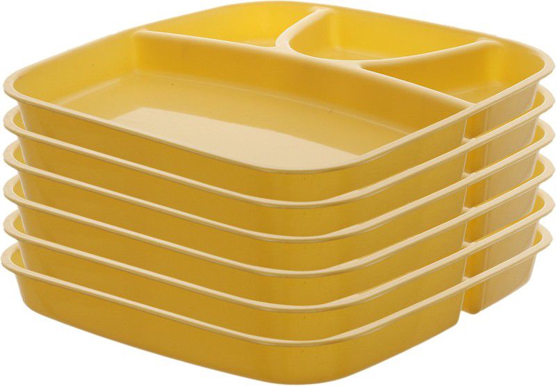 KUBER INDUSTRIES 6 Pieces Microwave Safe Unbreakable Plastic Food Plate with Partitions (Yellow) - CTKTC34714 Dinner Plate  (Pack of 6, Microwave Safe)