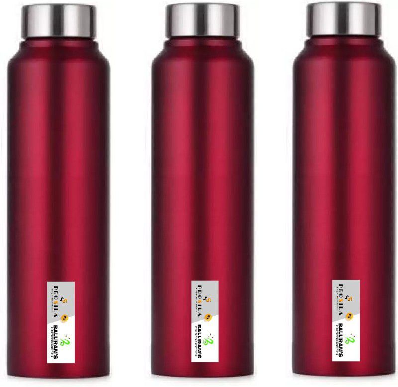 Prosila Stainless steel bottle Leak Proof Water Plain Cap Fridge Bottles 1000 ml Bottle  (Pack of 3, Red, Steel)