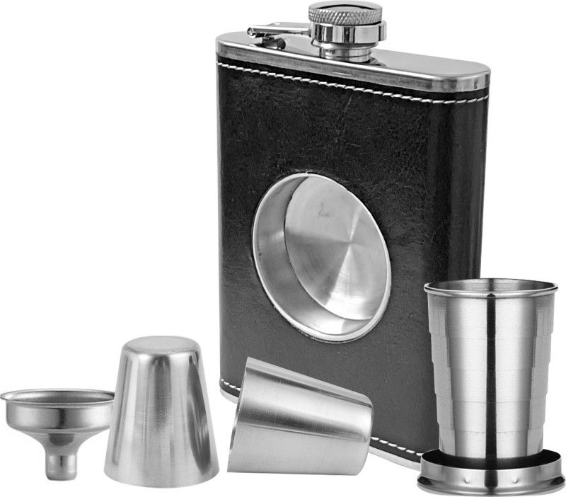 nexShop ™Black Leather Coated Flask with Funnel and 2 Shot Glasses Men and Women, 1 - Piece Bar Set  (Stainless Steel)