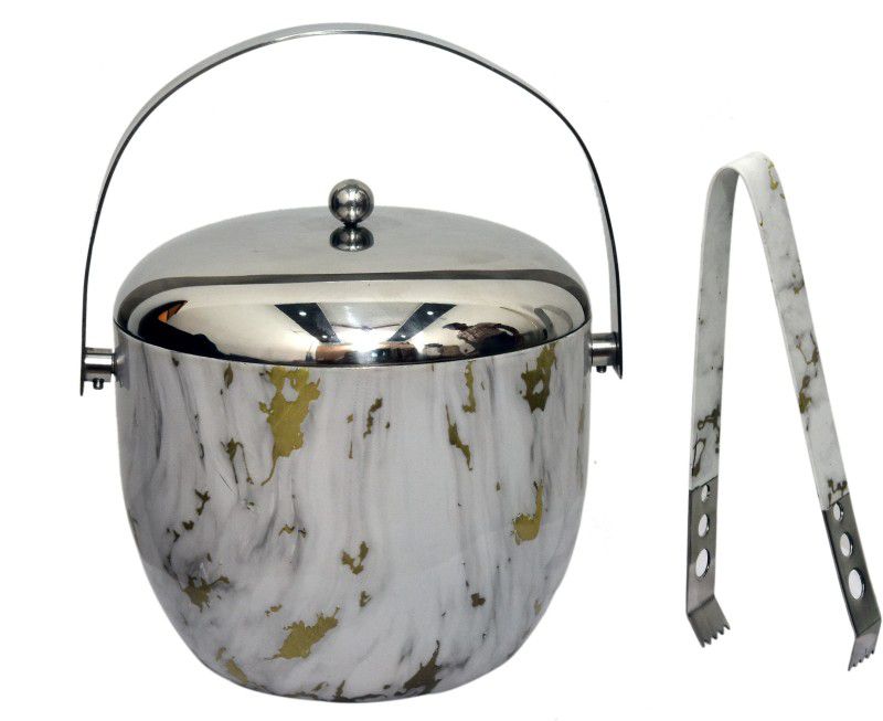 OSR 1.4 L Steel Golden white marble Ice Bucket 1.4L with Tong Ice Bucket  (Multicolor)