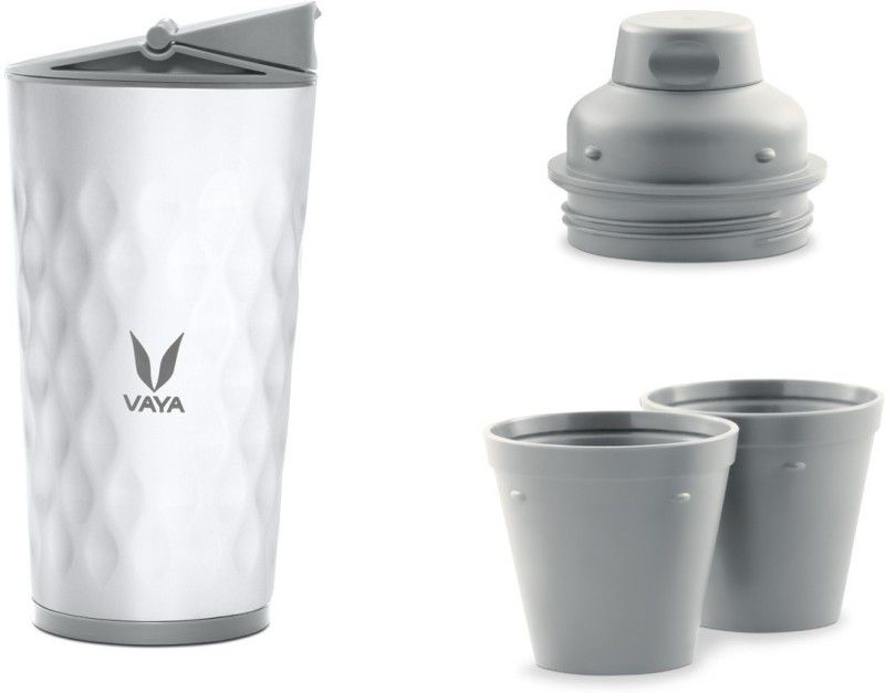 Vaya Drynk White Thermosteel Water Bottle with Sipper & Gulper Lids and 2 Cups - 600 ml Bottle  (Pack of 1, White, Steel)