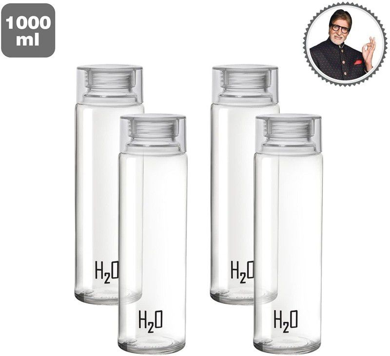 AK HUB Cello H2O Sodalime Glass Fridge Water Bottle with Plastic Cap ( Set Of 4 - White ) 1000 ml Bottle  (Pack of 4, Clear, Glass)