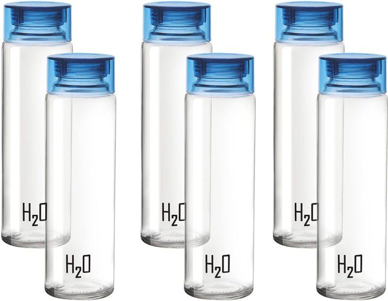 AK HUB Cello H2O Sodalime Glass Fridge Water Bottle with Plastic Cap ( Set Of 6 - Blue ) 1000 ml Bottle  (Pack of 6, Clear, Glass)