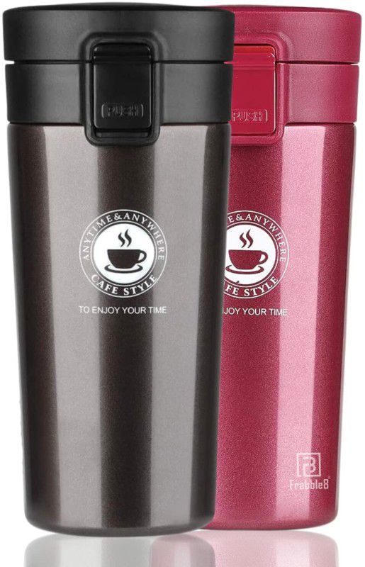 Frabble8 Vacuum Insulated Travel Stainless Steel Coffee Tea Mug, Thermos, Hot & Cold 300 ml Flask  (Pack of 2, Black, Pink, Steel)