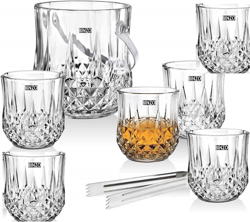 BINZO 1 L Glass Glass Ice Bucket Set with 6 Glasses, Steel Handle & Steel Tong, Set of 7 Ice Bucket  (Clear)