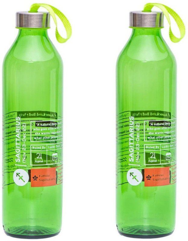 Sand Dune Sagittarius Zodiac Printed Glass bottle with Leak Proof Stainless-Steel Cap 800 ml Bottle  (Pack of 2, Green, Glass)