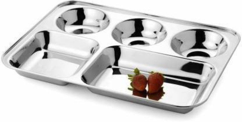 AADITTRAL Stainless steel bhojan thali / compartment plate 32cm Sectioned Plate (5 Sectioned Plate) #PP002 Dinner Plate  (Pack of 6, Microwave Safe)