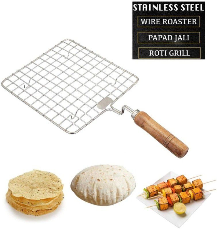 Qawvler Roaster Steel Wire Barbeque Papad Jali,Roti Grill,Chapati Grill Wooden Handle 0.1 kg Roaster  (Silver)
