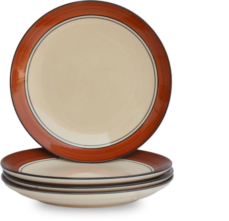 ST "REDEFINING SPACES" Handmade Royal Brown Border Ceramic Dinner Plates Set (10 Inch Set of-4) Dinner Plate  (Pack of 4, Microwave Safe)