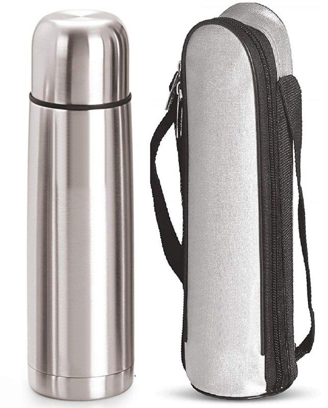 4NEX Stainless Steel Double Wall Hot & Cold Water Bottle with Bag | Bullet Flask | 500 ml Bottle  (Pack of 1, Steel/Chrome, Steel)