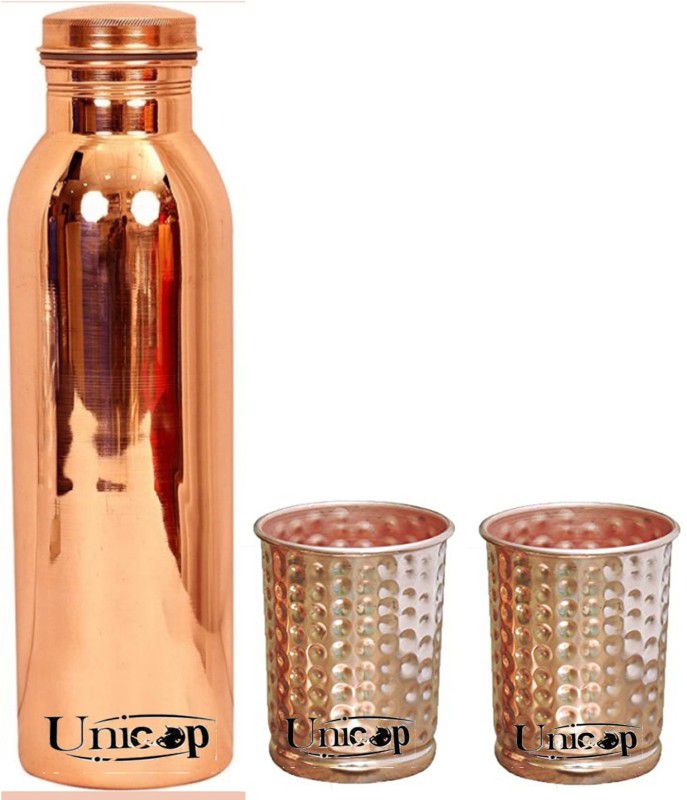 UNICOP Copper Bottle With Copper Glass Premium Gift Set For Diwali And All Festivals 1000 ml Bottle  (Pack of 3, Gold, Copper)