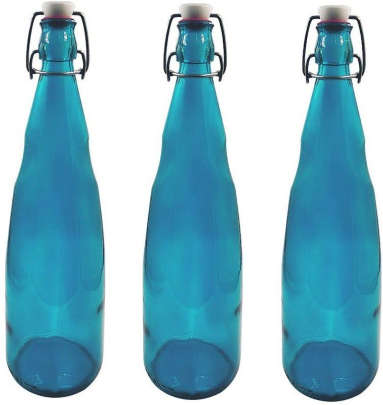 Sand Dune OPT3 clip top cap water bottle with flip top cap Leak-Proof for water, Juices 1000 ml Bottle  (Pack of 3, Blue, Glass)