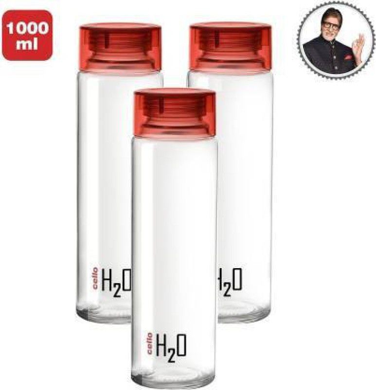 PRAGATI SALES Cello H2O Sodalime Glass Fridge Water Bottle with Plastic Cap ( Set Of 6 - Red ) 1000 ml Bottle  (Pack of 3, Red, Plastic)