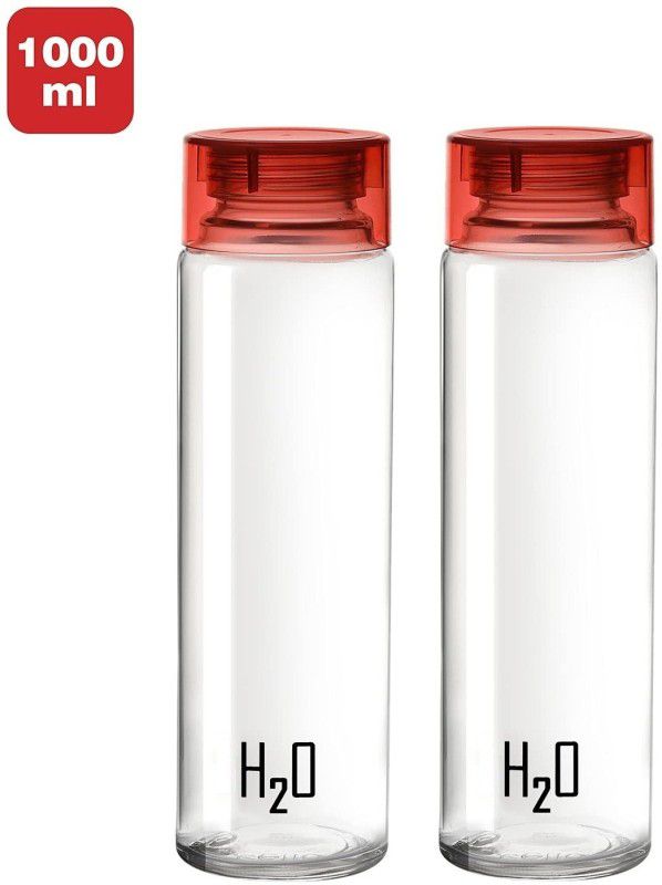 AK HUB H2O Sodalime Glass Fridge Water Bottle with Plastic Cap ( Set Of 2 - Red ) 1000 ml Bottle  (Pack of 2, Clear, Glass)