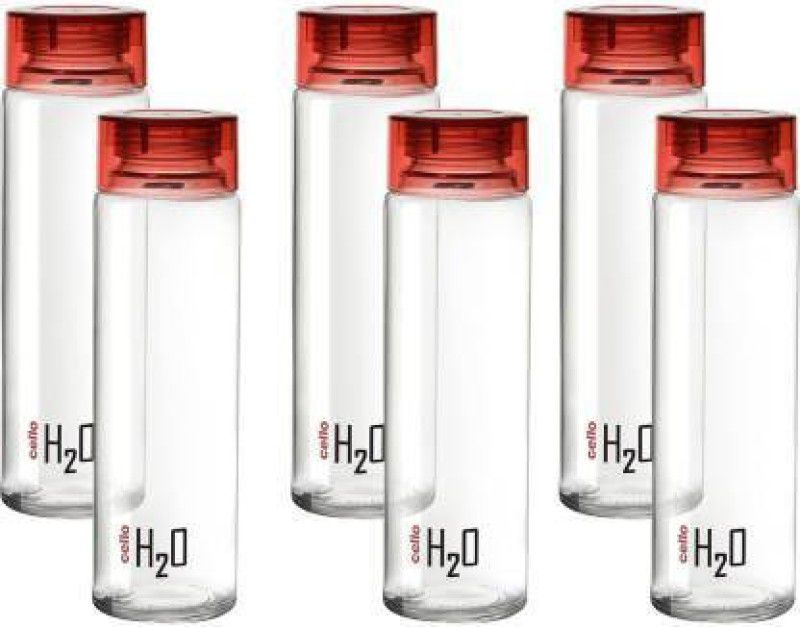 YASHODEEP PLASTIC Cello H2O Sodalime Glass Fridge Water Bottle with Plastic Cap ( Set Of 4 - Red ) 1000 ml Bottle  (Pack of 6, Red, Plastic)