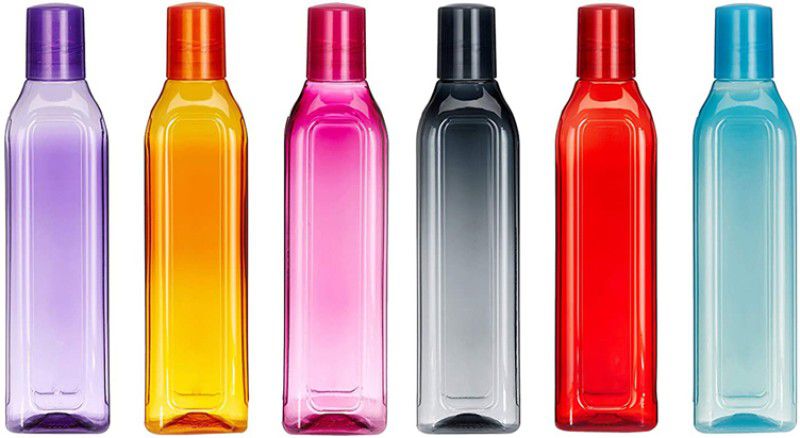 DM PLUS Plastic Water Bottles Rectangular Pattern Highly Durable PET Material 1000 ml Bottle  (Pack of 6, Multicolor, Red, PET)