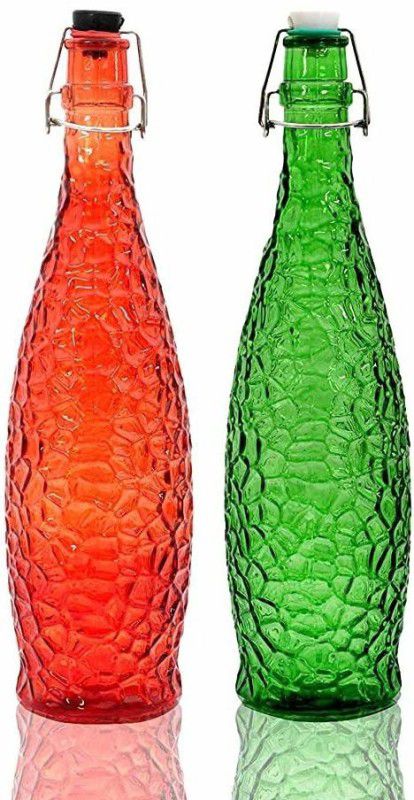 Machak Crick Glass Water Bottle for Fridge Mix Colors X 2 1000 ml Bottle  (Pack of 2, Red, Green, Glass)