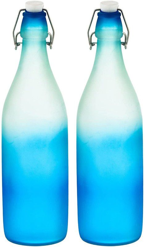 Machak Frosted Colorful Glass Water Bottles For Kitchen Fridge Home Decor 1000 ml Bottle  (Pack of 2, Blue, Glass)