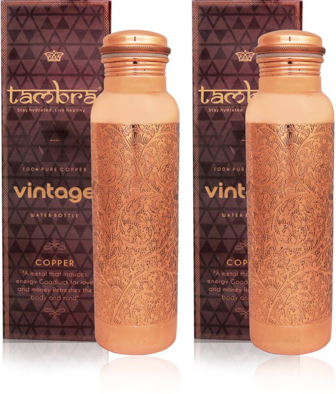 Tambra Carving Copper Jointless Bottle - Pack of 2 950 ml Bottle  (Pack of 2, Copper, Copper)