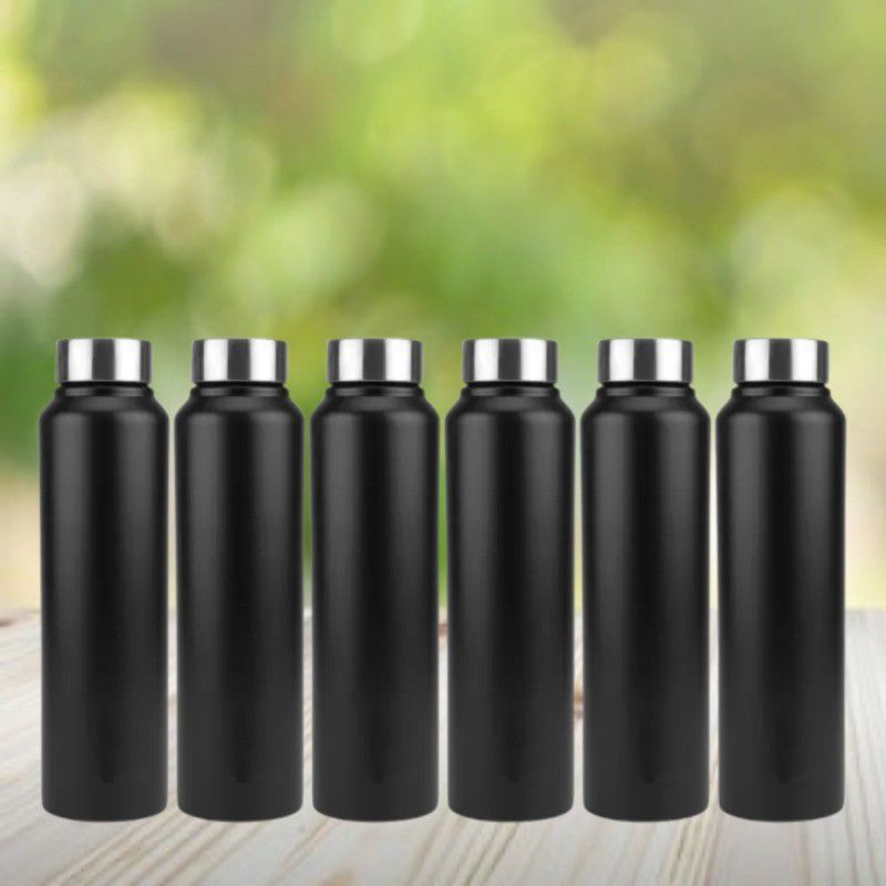 Skymac Single Walled Stainless Steel Fridge Water Bottle for Home Office Combo Pack 1000 ml Bottle  (Pack of 6, Black, Steel)