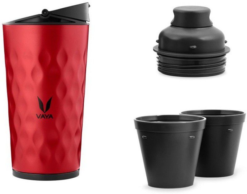 Vaya Drynk Red Thermosteel Water Bottle with Sipper & Gulper Lids and 2 Cups - 350 ml Bottle  (Pack of 1, Red, Steel)