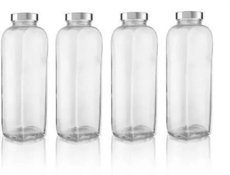 KVA Glass Water Bottle 1000 ml Bottle (Pack of 4, Clear, Silver, Glass) 1000 ml Bottle  (Pack of 4, Glass)
