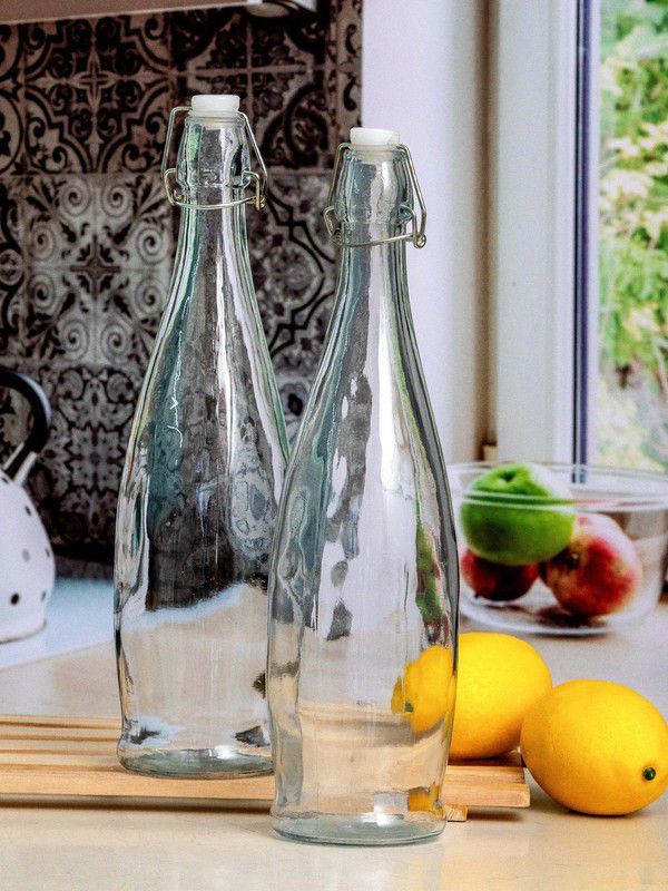 White Gold Glass Airtight Water and Juice 1000 ml Bottle  (Pack of 2, Clear, Glass)