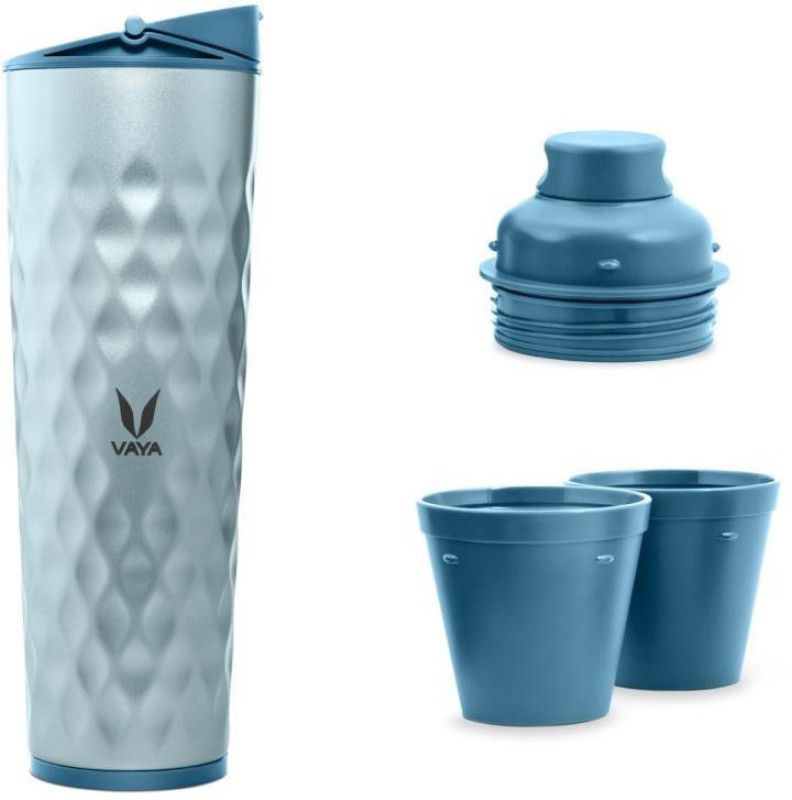Vaya Drynk Blue Thermosteel Water Bottle with Sipper & Gulper Lids and 2 Cups - 600 ml Bottle  (Pack of 1, Blue, Steel)