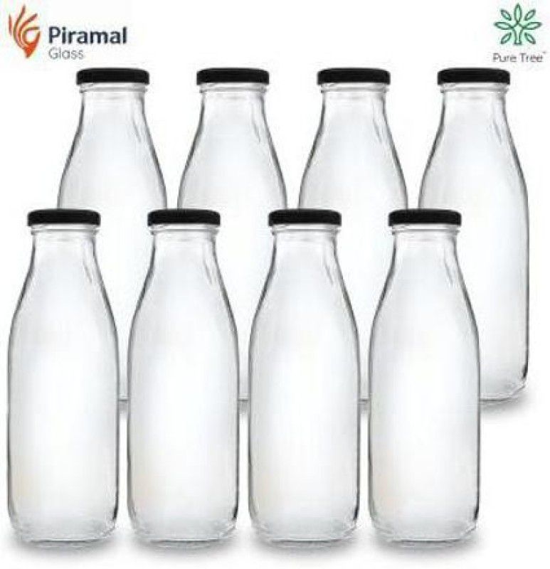 Pure Tree Food Grade Round Glass Milk Black Lug Cap 500 ml Bottle  (Pack of 8, Clear, Glass)