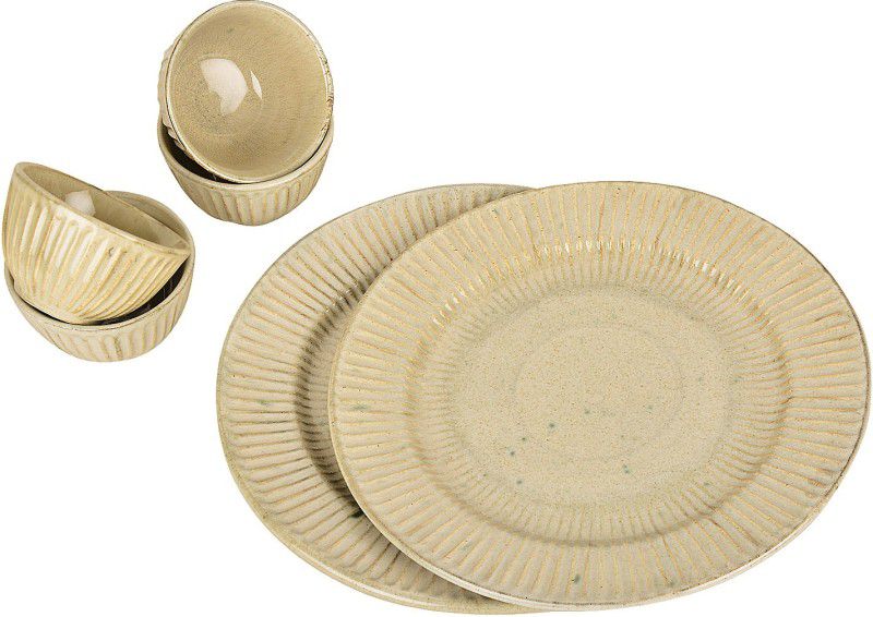 StyleMyWay “Dazzling Riviera” Ribbed Ceramic Dinner Serving Plates with 4 Dinner Bowls Dinner Plate  (Pack of 6, Microwave Safe)